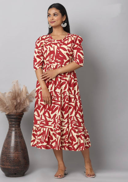 Cream & Red Abstract Brushstroke Print Rayon Maxi Dress | Mayura