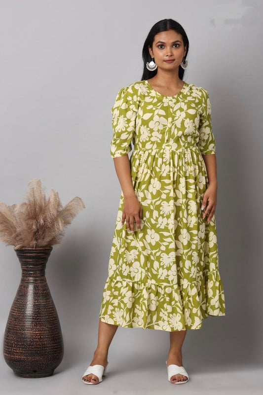 Olive Green Large Floral Print Rayon Maxi Dress | Mayura