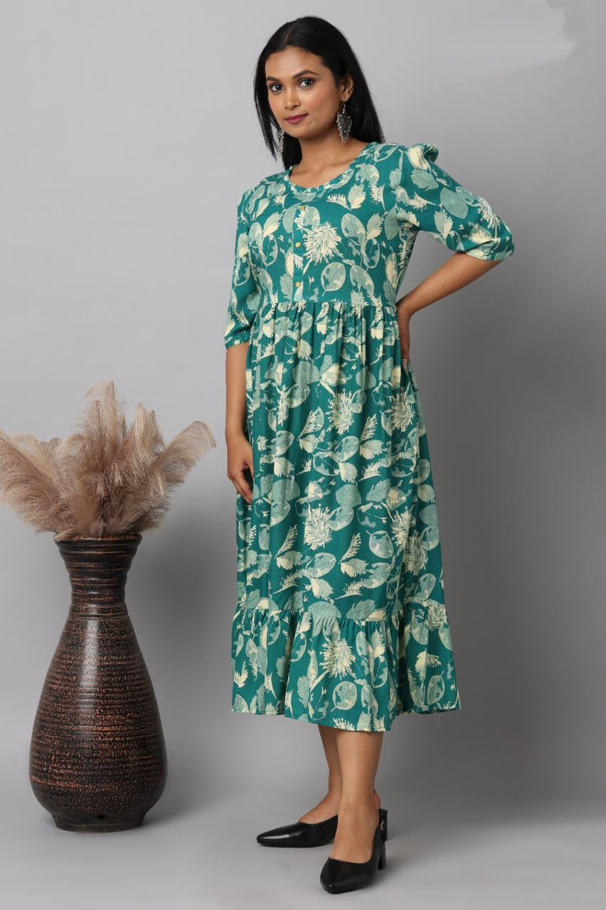 Teal Floral & Leaf Print Rayon Maxi Dress | Mayura
