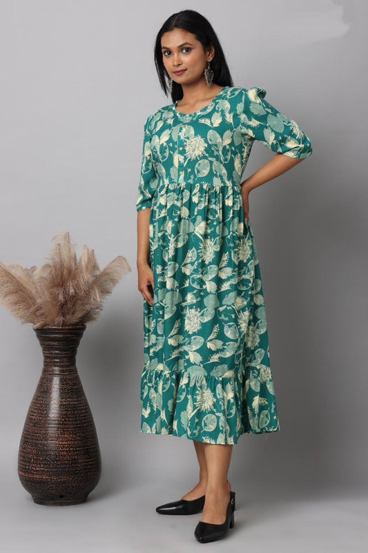 Teal Floral & Leaf Print Rayon Maxi Dress | Mayura