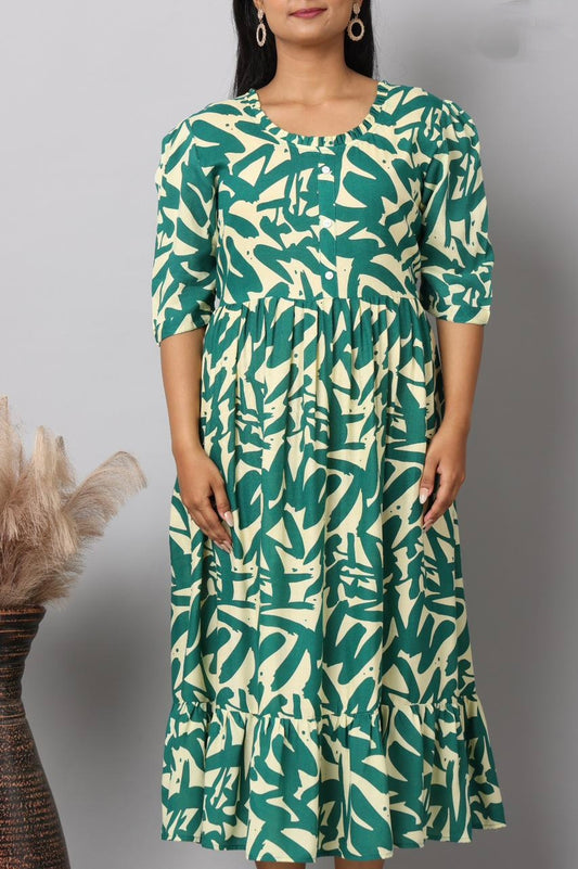 Cream & Green Abstract Leaf Print Rayon Maxi Dress | Mayura