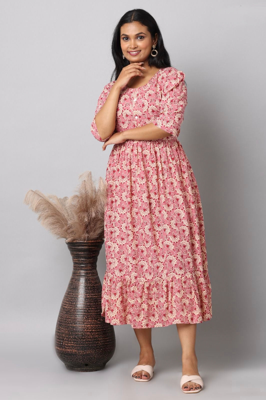 Dusty Pink Dense Ditsy Floral Print Rayon Maxi Dress | Mayura