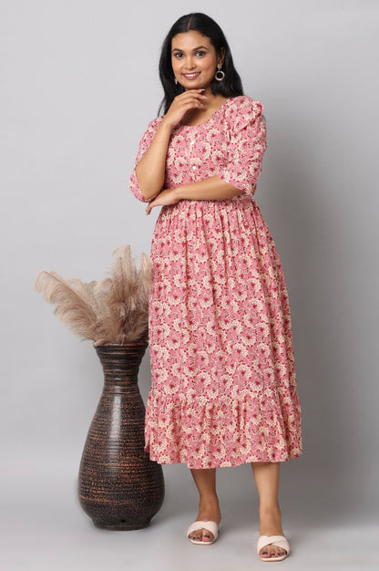 Dusty Pink Dense Ditsy Floral Print Rayon Maxi Dress | Mayura