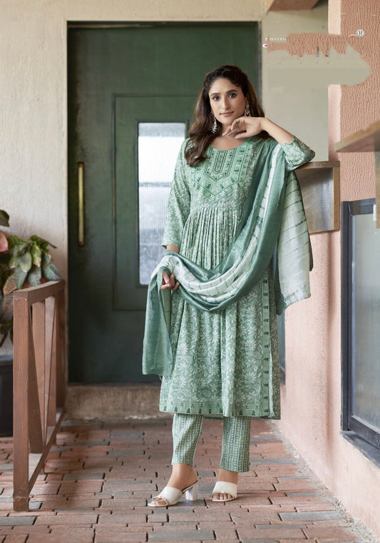 Sage Green Floral Straight Kurti 3 Piece Set | Mayura
