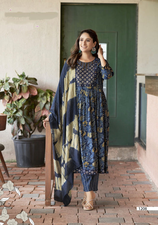 Navy Blue Floral Straight Kurti 3-Piece Set | Mayura