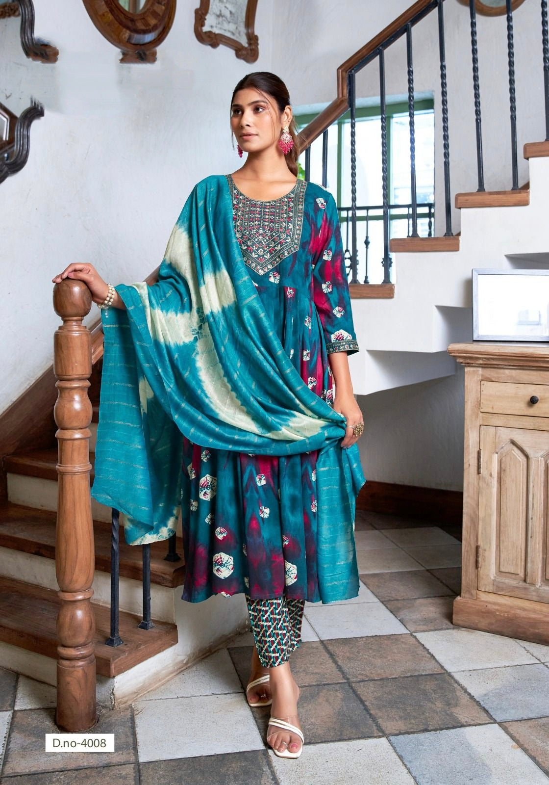 Blue Tie-Dye Anarkali Kurti 3-Piece Set | Mayura