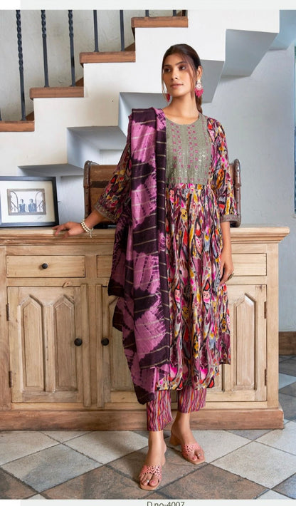 Multicolor Abstract Umbrella Kurti 3-Piece Set | Mayura
