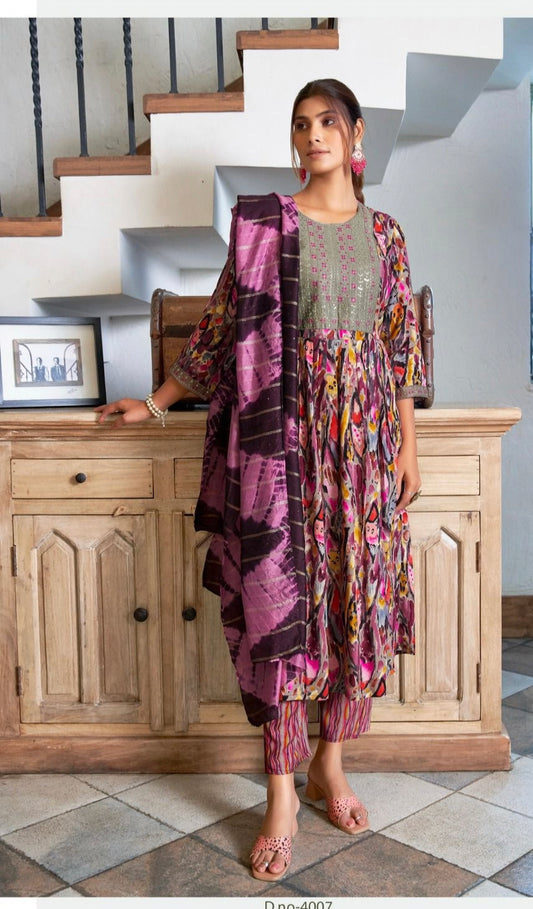 Multicolor Abstract Umbrella Kurti 3-Piece Set | Mayura