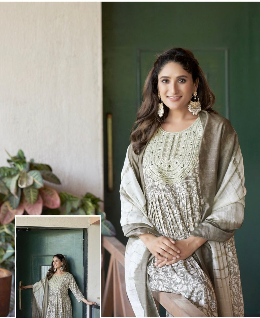 Sage Green Floral Straight Kurti 3 Piece Set | DSF
