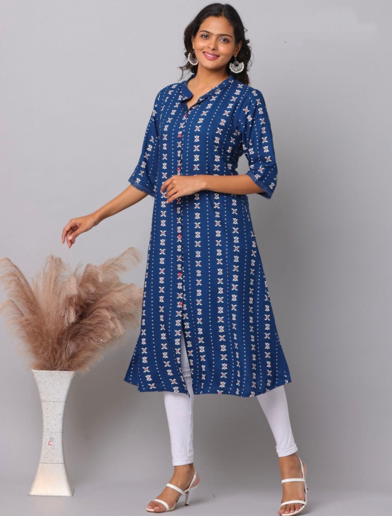 Navy Blue Vertical Stripe Geometric Booti Print Rayon A-Line Kurti | Mayura