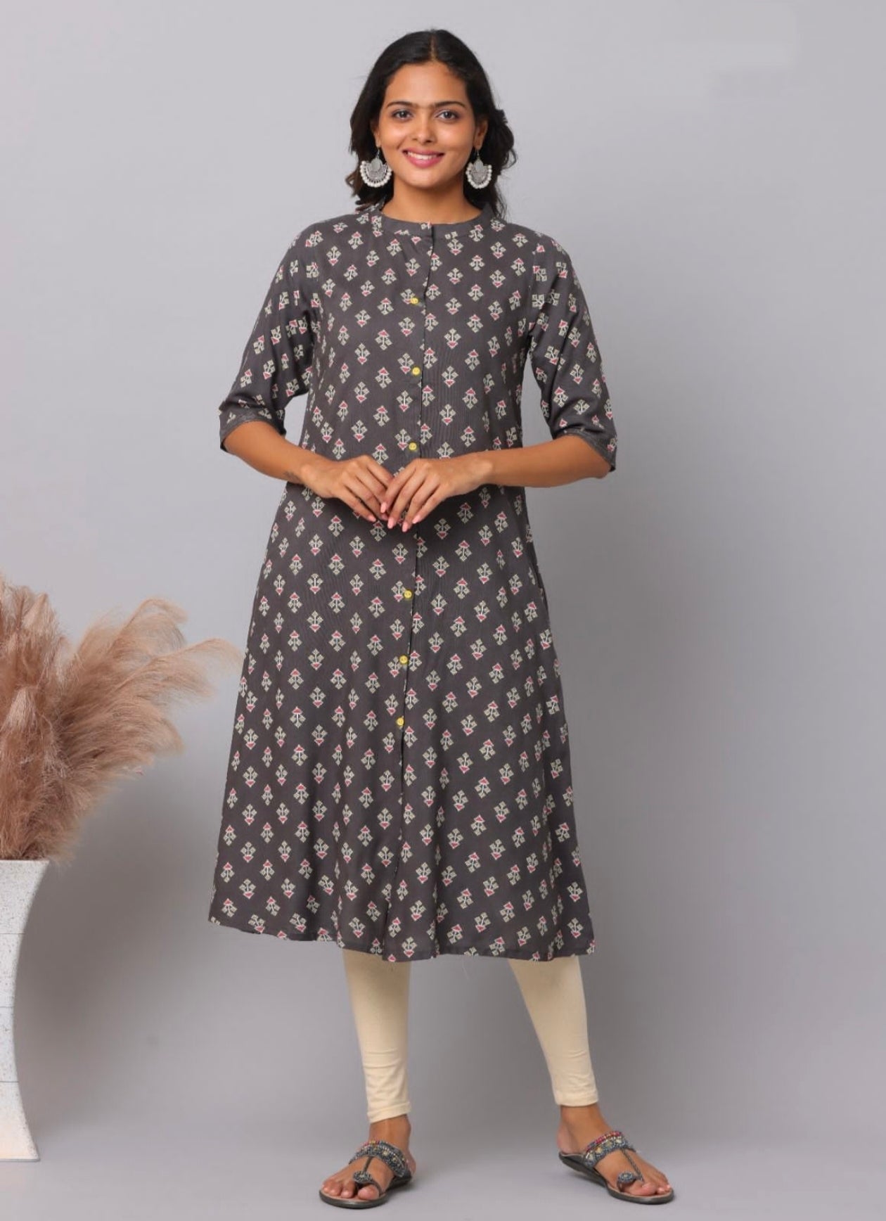 Charcoal Grey Fleur-de-Lis Booti Print Rayon A-Line Kurti | Mayura
