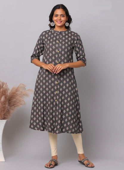 Charcoal Grey Fleur-de-Lis Booti Print Rayon A-Line Kurti | Mayura