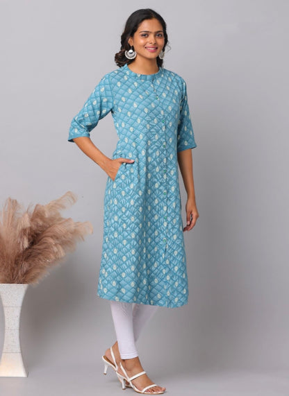 Teal Diamond Lattice & Leaf Booti Print Rayon A-Line Kurti | Mayura