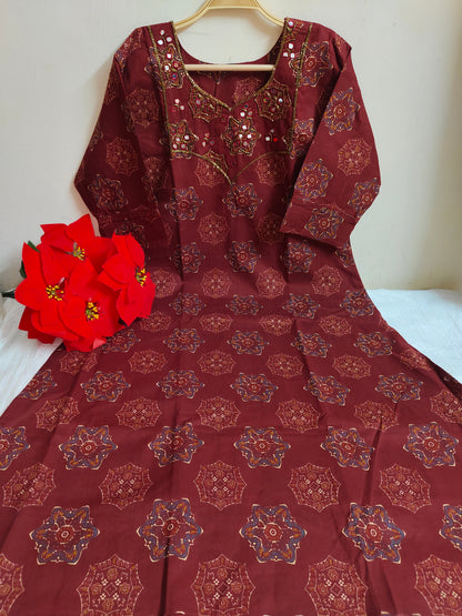 Brick Red Geometric Medallion Print Cotton Kurti | Mayura
