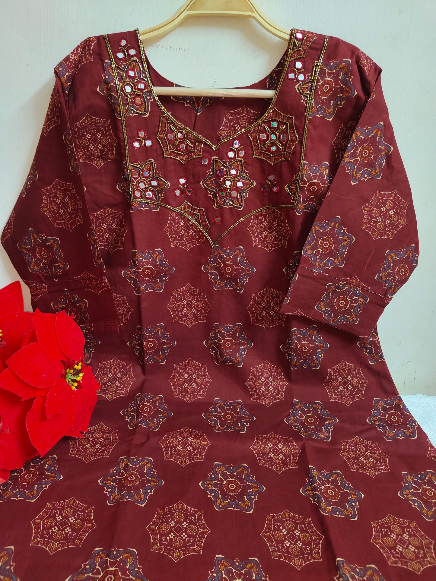 Brick Red Geometric Medallion Print Cotton Kurti | Mayura