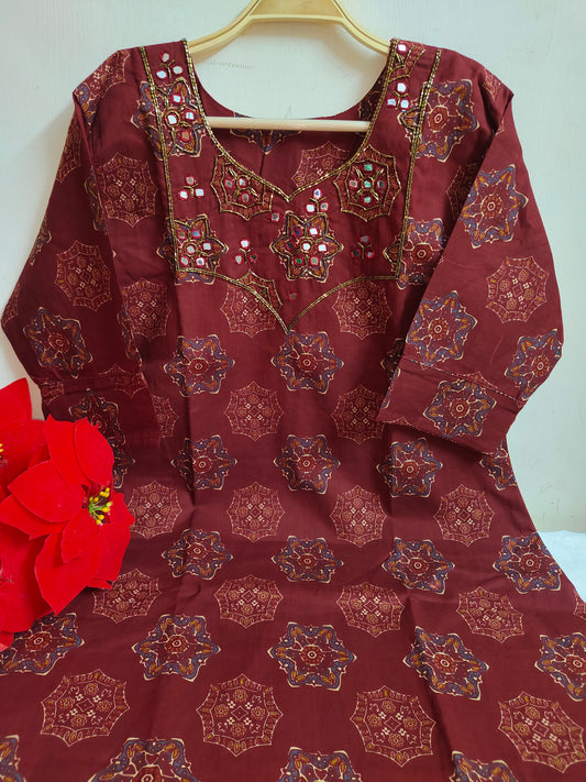 Brick Red Geometric Medallion Print Cotton Kurti | Mayura