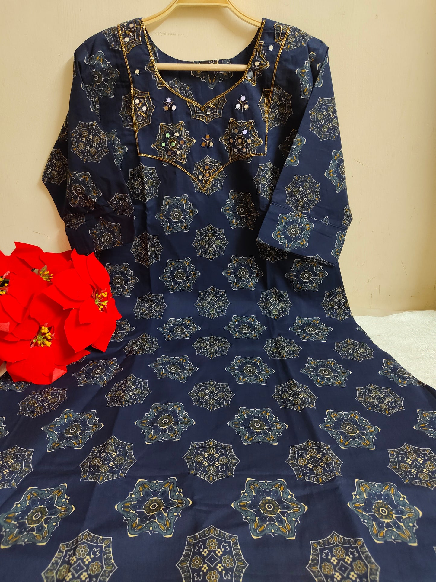 Navy Blue Geometric Medallion Print Cotton Kurti | Mayura