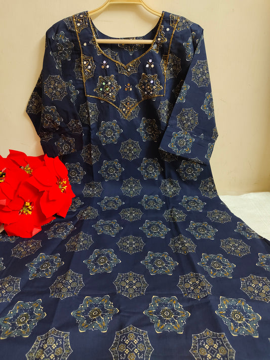 Navy Blue Geometric Medallion Print Cotton Kurti | Mayura