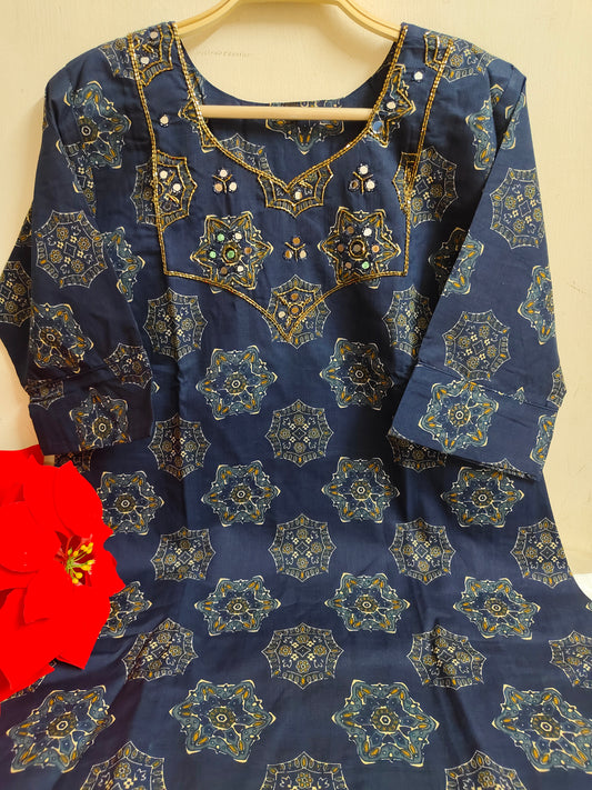 Navy Blue Geometric Medallion Print Cotton Kurti | Mayura