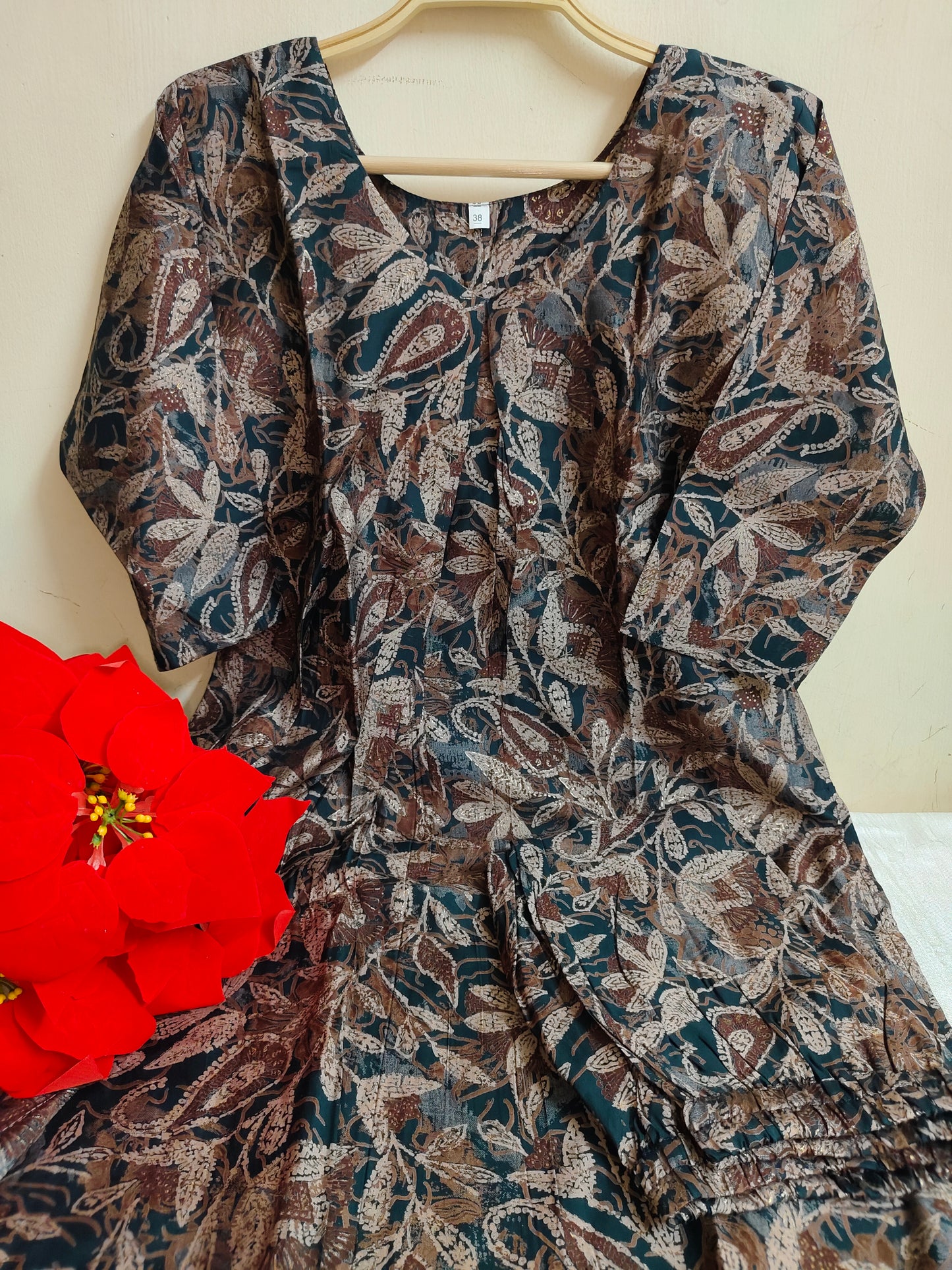 Teal Brown Paisley Printed Modal Silk Kurti Set for Women (2 Piece Ethnic Wear) | Mayura