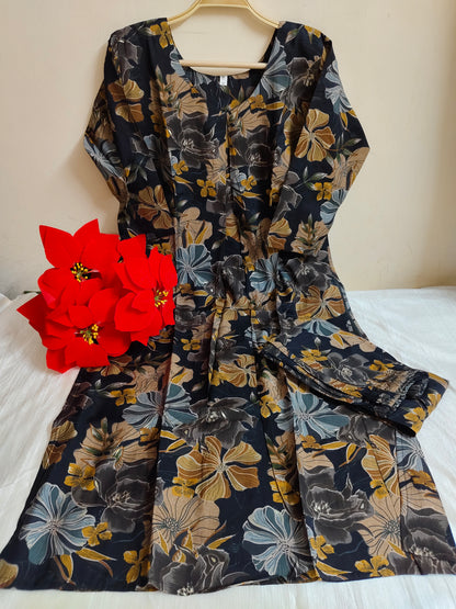 Black Floral Printed Modal Silk Kurti for Women - 2 Piece Set with Lining | Mayura