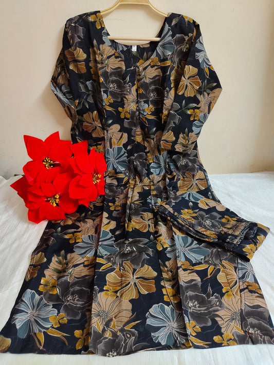 Black Floral Printed Modal Silk Kurti for Women - 2 Piece Set with Lining | Mayura