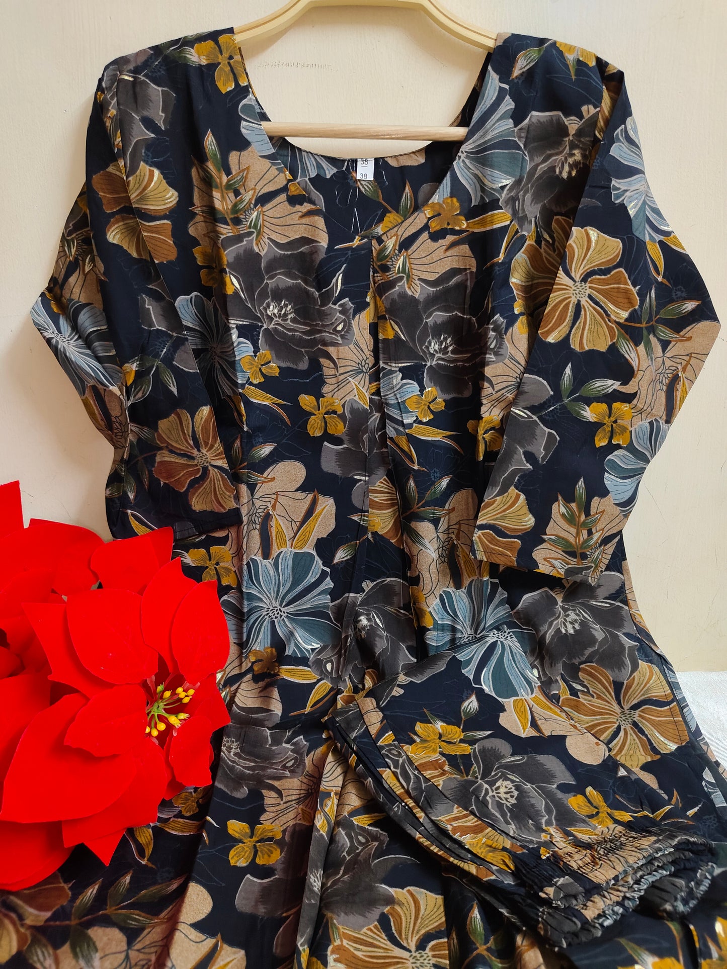 Black Floral Printed Modal Silk Kurti for Women - 2 Piece Set with Lining | Mayura