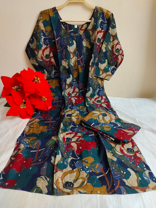 Multicolor Floral Printed Modal Silk Kurti Set for Women (2 Piece Ethnic Wear)