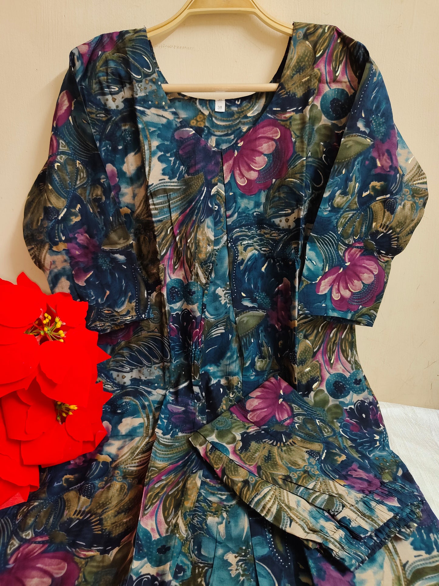 Blue Pink Abstract Floral Modal Silk Kurti for Women - 2 Piece Set with Lining | Mayura