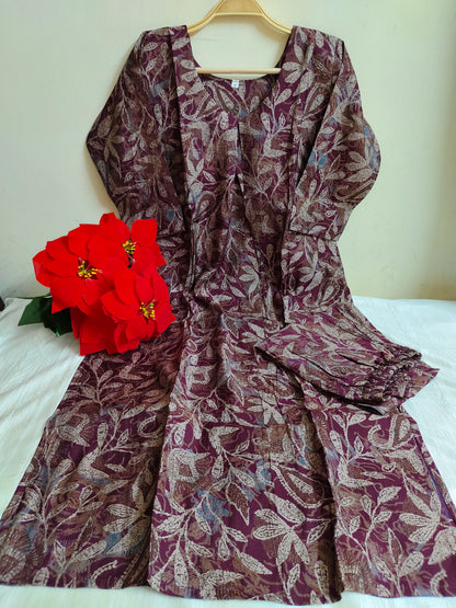 Wine Purple Leaf Printed Modal Silk Kurti for Women - 2 Piece Set with Lining | Mayura