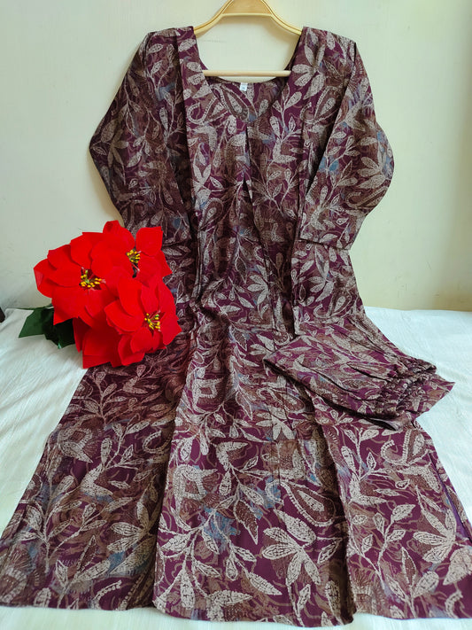 Wine Purple Leaf Printed Modal Silk Kurti for Women - 2 Piece Set with Lining | Mayura