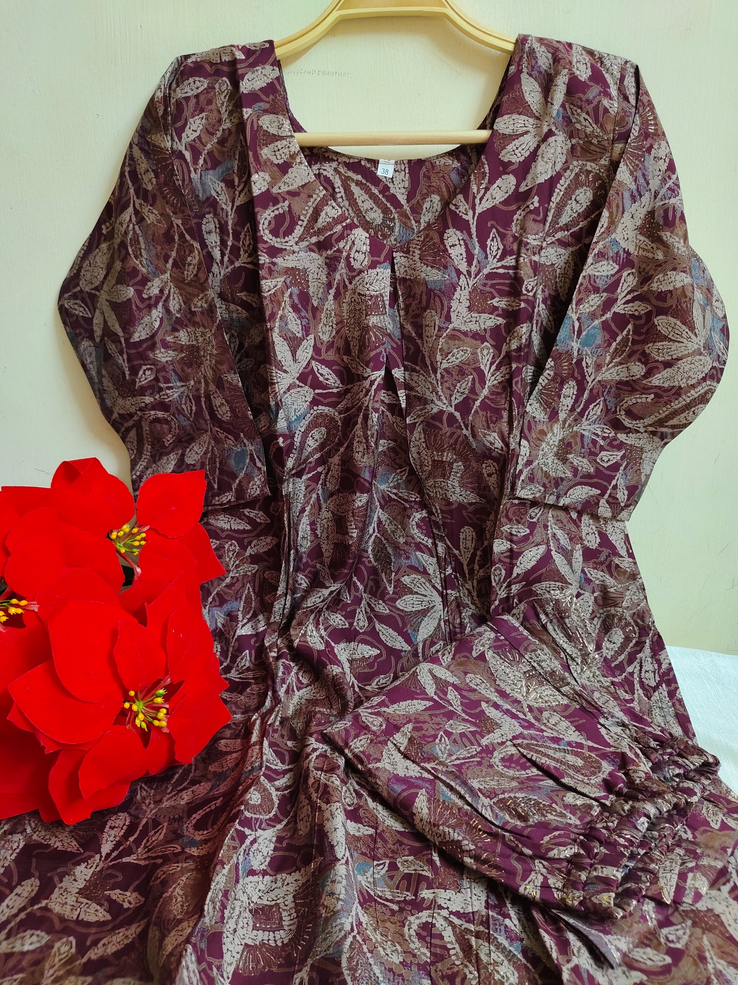 Wine Purple Leaf Printed Modal Silk Kurti for Women - 2 Piece Set with Lining | Mayura
