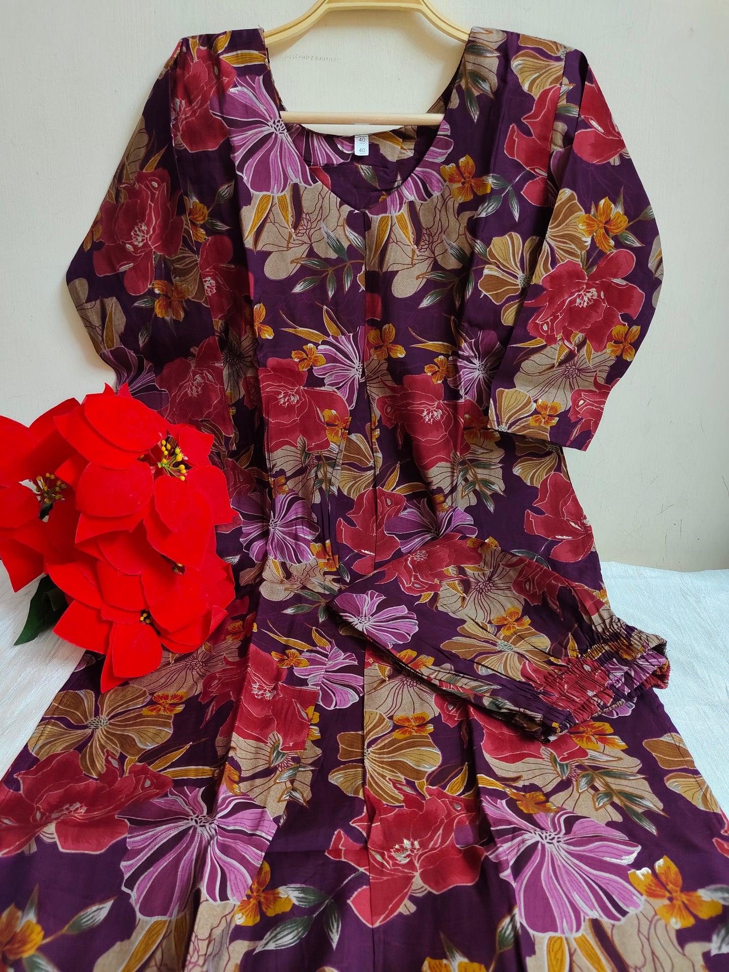 Purple Floral Printed Modal Silk Kurti for Women - 2 Piece Set with Lining | Mayura