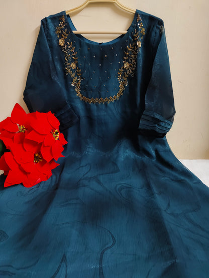 Teal Solid Zari Georgette Kurti | Mayura