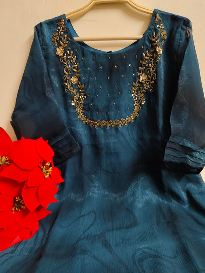 Teal Solid Zari Georgette Kurti | Mayura