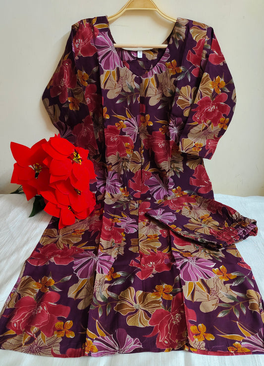 Purple Floral Printed Modal Silk Kurti for Women - 2 Piece Set with Lining | Mayura