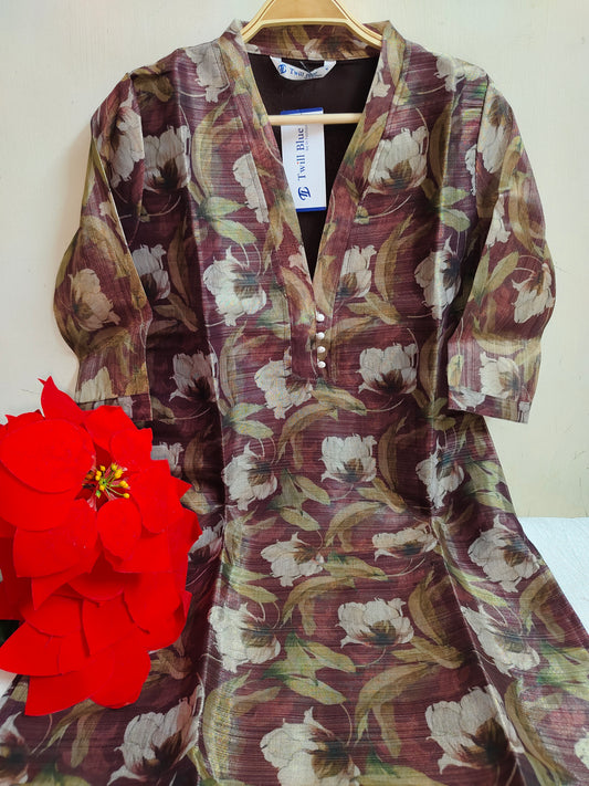 Floral Printed Tissue Silk Kurti - Collared Dress with Lining | Mayura