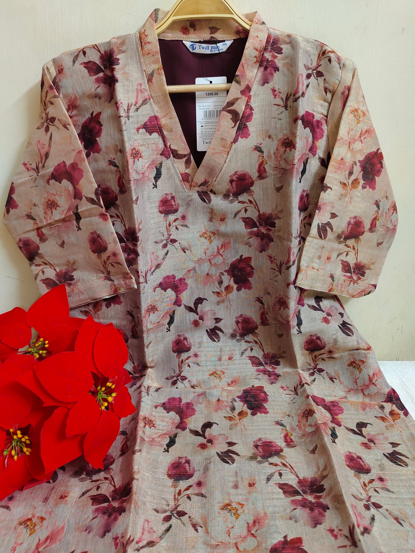 Beige Floral Printed Tissue Silk Kurti with Lining - Collared Dress | Mayura