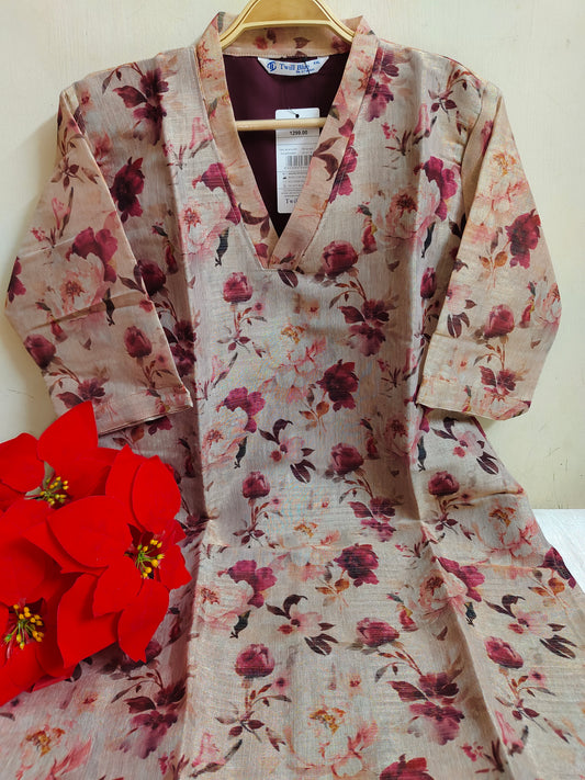 Beige Floral Printed Tissue Silk Kurti with Lining - Collared Dress | Mayura