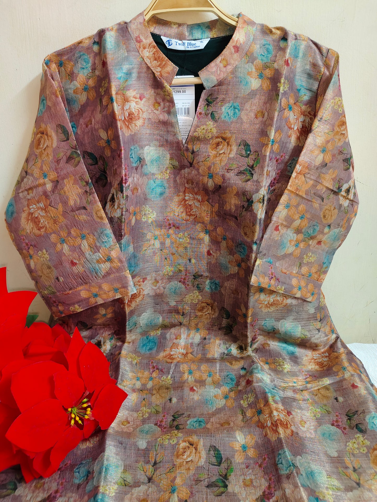 Multicolor Floral Printed Tissue Silk Kurti with Lining - V-Neck Dress | Mayura