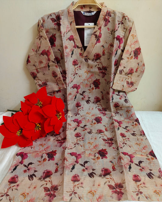 Beige Floral Printed Tissue Silk Kurti with Lining - Collared Dress | Mayura