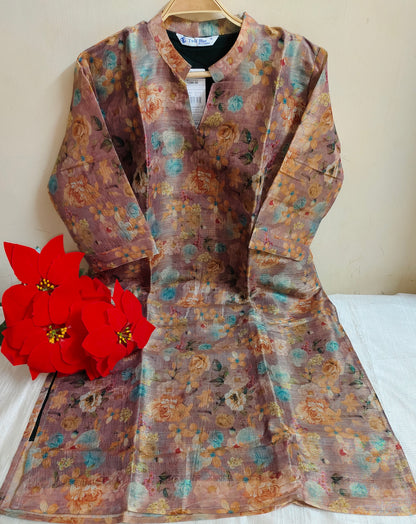 Multicolor Floral Printed Tissue Silk Kurti with Lining - V-Neck Dress | Mayura