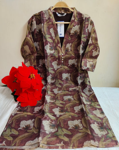 Floral Printed Tissue Silk Kurti - Collared Dress with Lining | Mayura