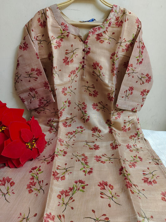 Beige Floral Tissue Silk Kurti | Festive & Wedding Ethnic Wear | Mayura