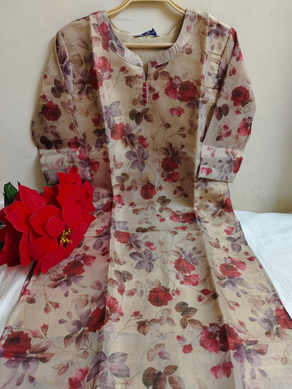 Beige Floral Printed Tissue Silk Kurti with Lining - Round Neck Dress | Mayura