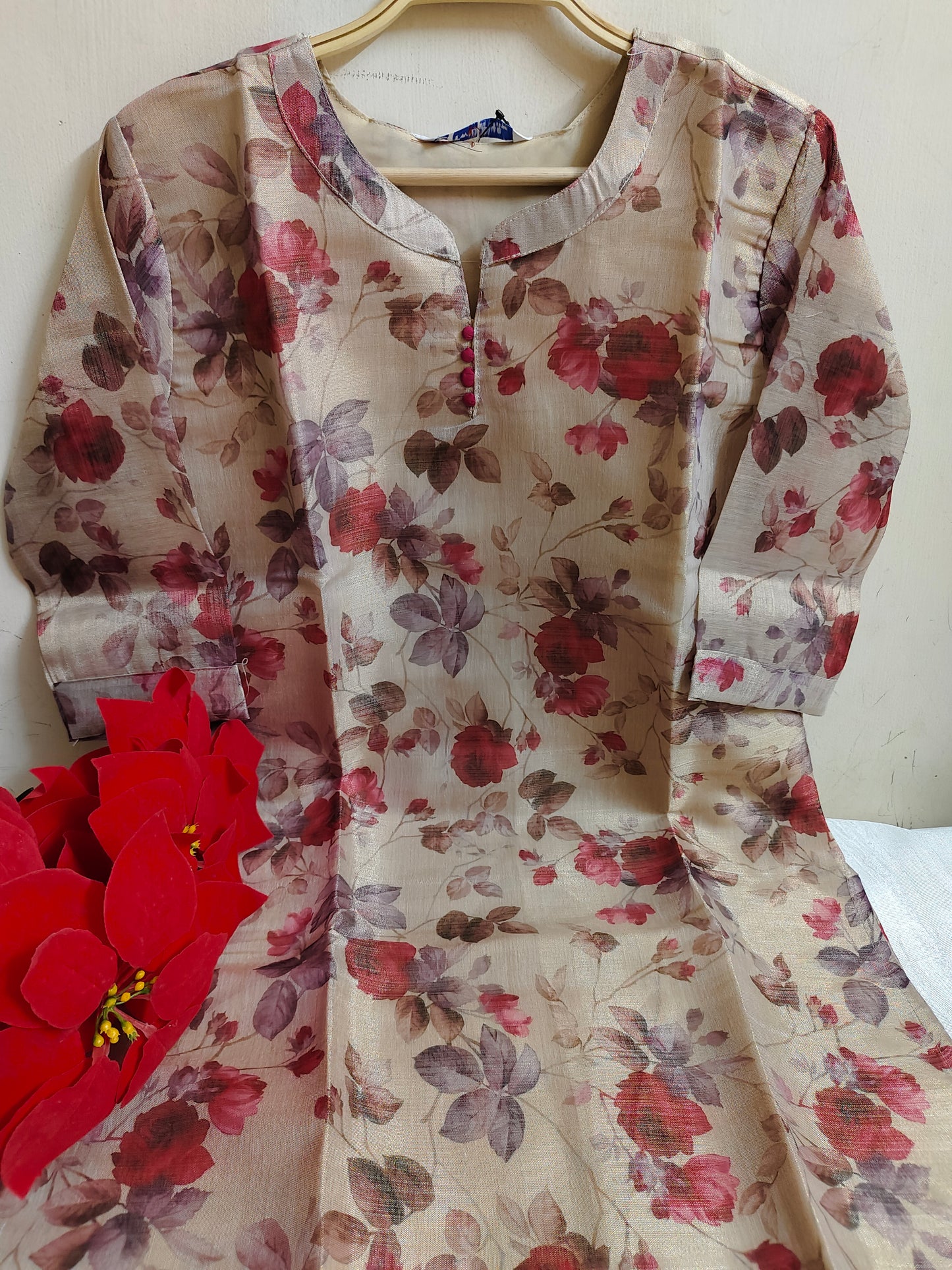 Beige Floral Printed Tissue Silk Kurti with Lining - Round Neck Dress | Mayura