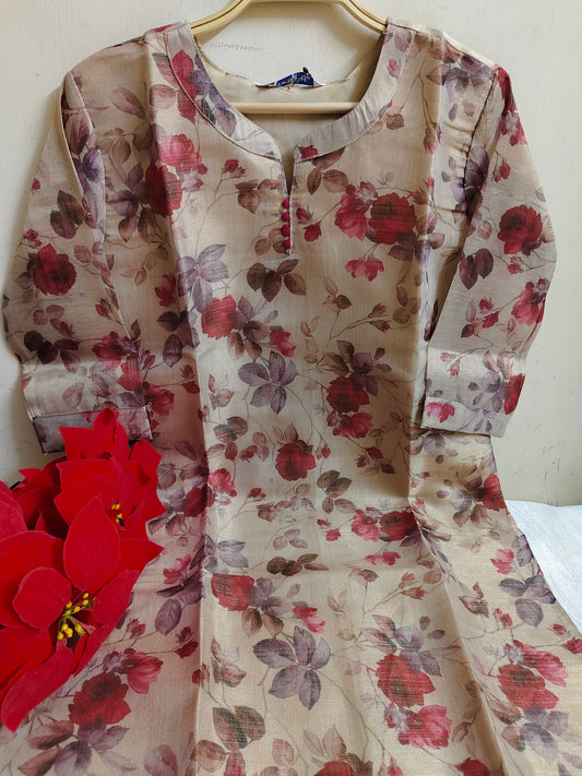 Beige Floral Printed Tissue Silk Kurti with Lining - Round Neck Dress | Mayura