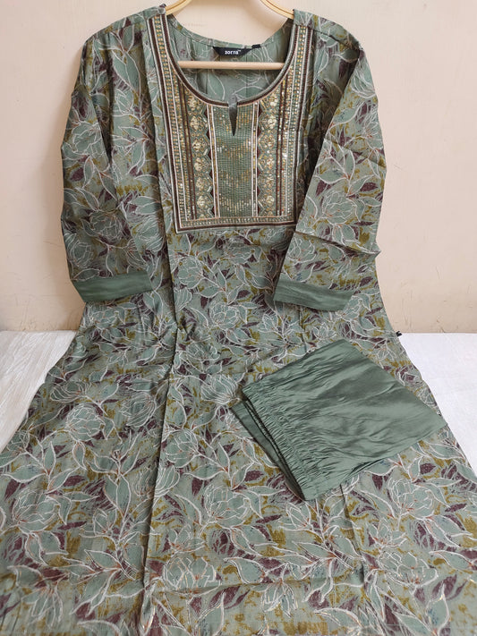 Sage Green Floral Printed Chanderi Silk Kurti - 2 Piece Embroidered Set | Mayura