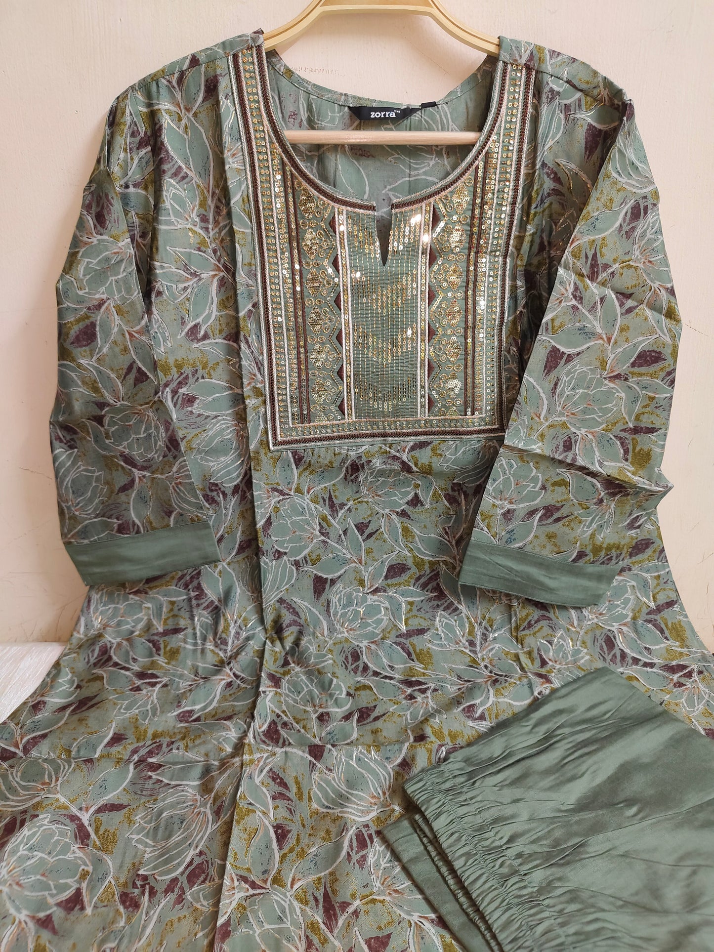 Sage Green Floral Printed Chanderi Silk Kurti - 2 Piece Embroidered Set | Mayura