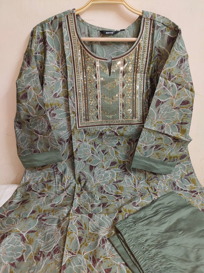 Sage Green Floral Printed Chanderi Silk Kurti - 2 Piece Embroidered Set | Mayura